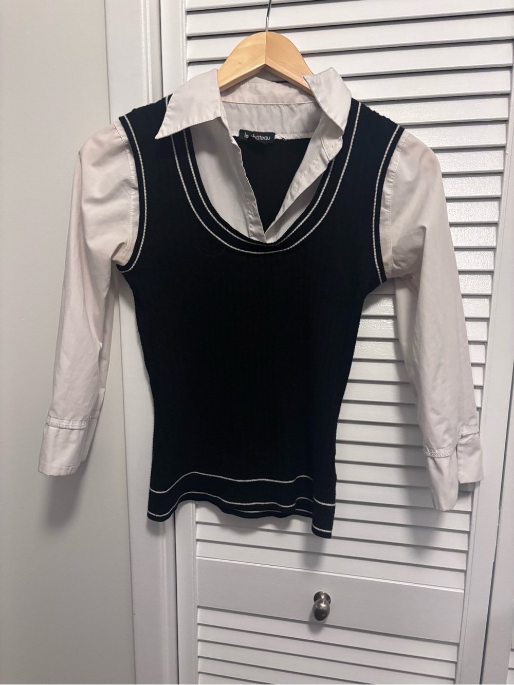 le chateau Black Knit Vest with White Trim and Attached White Shirt